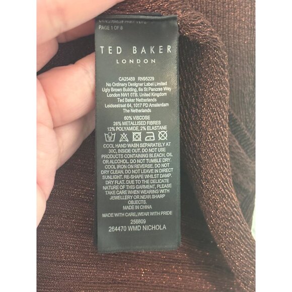 Ted Baker London Nichola Metallic Brown Ribbed Knit Bodycon Mini Dress Size 2 - Picture 11 of 13